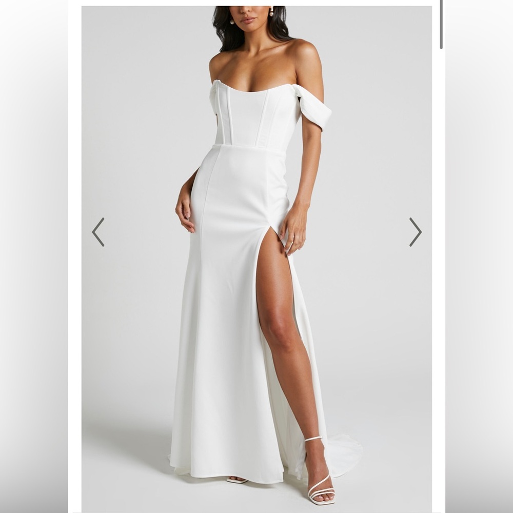 YNES BRIDAL GOWN - OFF SHOULDER CORSET SPLIT GOWN IN IVORY showpo